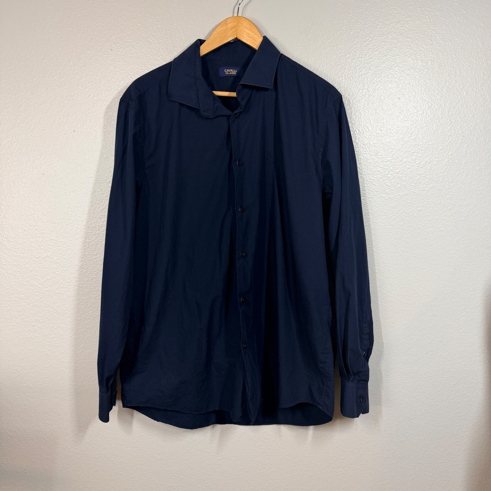 Cavalli Class Shirt Mens 18 Navy Blue Button Down Long Sleeve Stretch